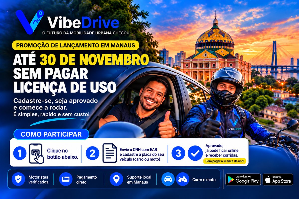Promoção de lançamento em Manaus: até 30 de novembro sem pagar licença de uso. Cadastre-se, seja aprovado e comece a rodar.